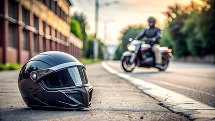 Fototapeta premium Biker helmet lying on the street near a motorcycle accident , crash, safety, road, danger, protection, accident, injury