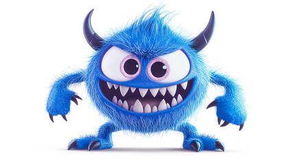 A blue monster with horns and teeth is standing on a white background