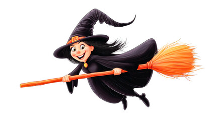 A witch is flying on a broomstick