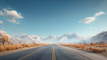 Empty Road Leading to Snowy Mountains