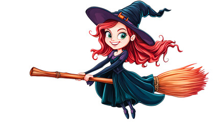 A young girl is flying on a broomstick