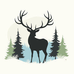 a black and white silhouette of a deer standing in the middle of a forest. vector silhouette