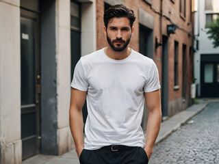 Obraz premium Man wearing white t-shirt isolated on a perfect background, closeup. Mockup for design. Generative AI