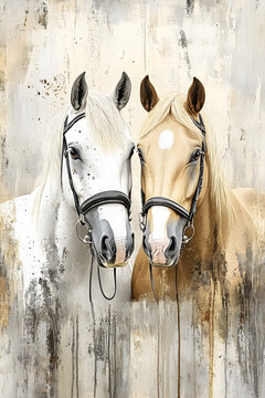 2 Polo horses in a farm , hiperealistyc, simple , minimalist, beige and grey backraund