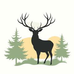 a black and white silhouette of a deer standing in the middle of a forest. vector silhouette