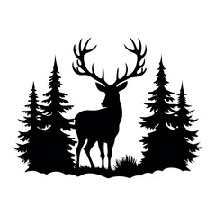 a black and white silhouette of a deer standing in the middle of a forest. vector silhouette