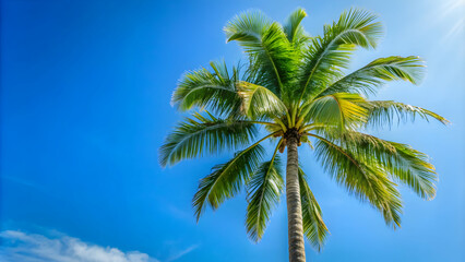 Fototapeta premium Tall palm tree with green fronds against a clear blue sky, tropical, exotic, vacation, paradise, summer, palm leaves, tall