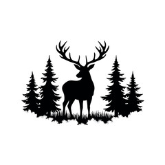 a black and white silhouette of a deer standing in the middle of a forest. vector silhouette