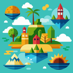 Game island, iceberg, volcano, desert Egypt pyramid, vector isometric 3D floating land, jungle palm. Flying platform waterfall, penguin, summer tropical scene sand dune. Exotic nature game island kit