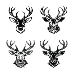 Set of Deer Head Vector Illustrations with Antlers in Black and White for Logos and Wildlife Designs