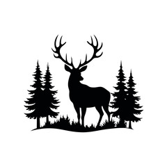 a black and white silhouette of a deer standing in the middle of a forest. vector silhouette