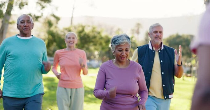 Senior, personal trainer or people in park for fitness or body mobility in outdoor cardio workout. Group, happy or friends in warm up together for training, exercise or retirement community in nature