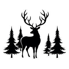 Obraz premium a black and white silhouette of a deer standing in the middle of a forest. vector silhouette
