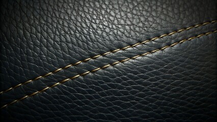 Close-up of black leather stitches for fashion and textures