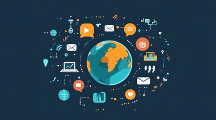 Obraz premium Globe surrounded by icons for emails, chats, and calls, representing worldwide communication methods.