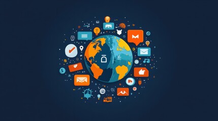Globe surrounded by icons for emails, chats, and calls, representing worldwide communication methods.