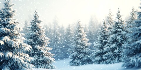Obraz premium A tranquil winter landscape filled with snow-laden pine trees and gentle snowflakes falling softly in the sunlight