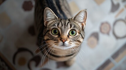 A curious tabby cat with green eyes stares up at the camera.