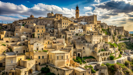 Obraz premium Ancient town of Matera, Sassi di Matera, in southern Italy with grotto cave buildings , Matera, Basilicata, Italy