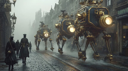 A futuristic city street with three robots walking down the road