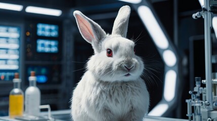 White rabbit sitting on table in futuristic laboratory being used for science experiment