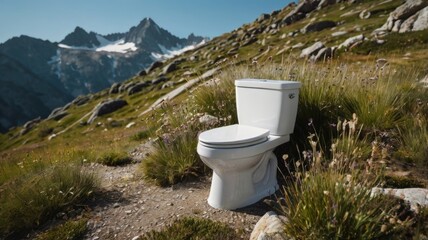 White toilet standing in the mountain meadow with a view on snow capped mountain peaks