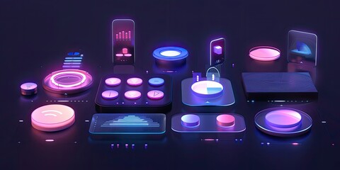 Futuristic interface elements with neon colors for digital applications.