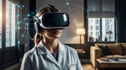 Female doctor wearing vr virtual reality headset in medical innovation concept