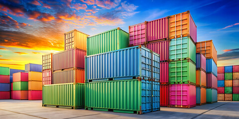 Fototapeta premium Vibrantly colored pastel cargo containers in a shipping yard, colorful, pastel, cargo containers