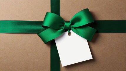 Green ribbon forming a bow on brown paper with blank gift tag