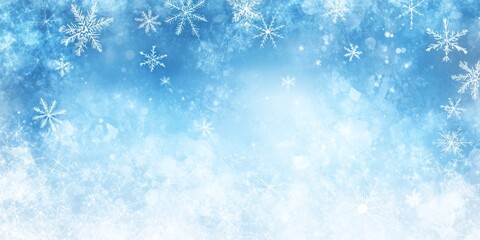 Delicate snowflakes float gracefully against a tranquil blue backdrop, creating a peaceful winter atmosphere