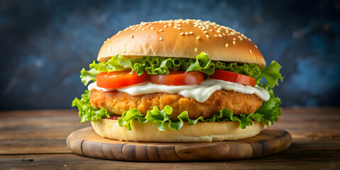 Crispy fish burger with lettuce, tomatoes, and tartar sauce on a sesame seed bun , fish, burger, crispy, sandwich, fast food