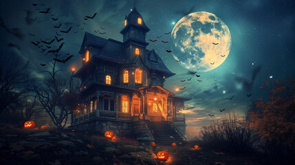 A spooky haunted house under a full moon with bats flying around , Halloween cards