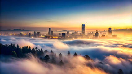 A serene image of the city covered in a blanket of evening fog , foggy, misty, atmospheric, cityscape, urban, tranquil, peaceful, evening