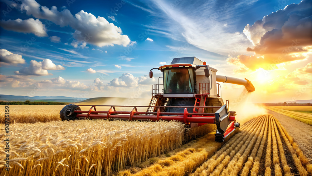 Wall mural combine harvester harvesting wheat in a sunny field, agriculture, farming, machinery, rural, crop