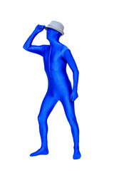 Mysterious blue man in blue suit wears a white hat on his head