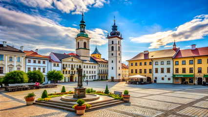 Fototapeta premium Historical square in Banska Bystrica with medieval fortification , Banska Bystrica, Slovakia, main square, historical