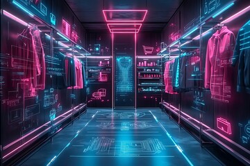 Futuristic shopping experience with neon lights, glowing digital displays and clothing on hangers, showcasing a modern retail environment.