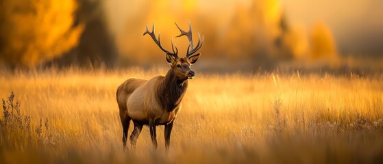 Fototapeta premium A deer, adorned with antlers, stands amidst a field of tall grass In the background, trees cast long shadows The foreground reveals golden stretches of grass