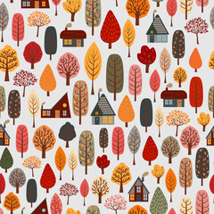 Herbstliches buntes Waldmuster mit Häusern