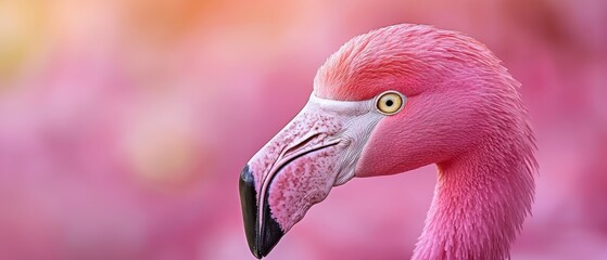 Fototapeta premium A tight shot of a pink flamingo's head and neck against a softly blurred backdrop of pink blossoms