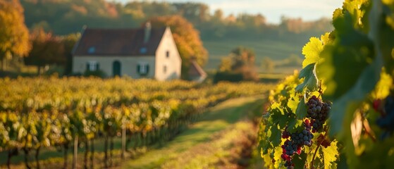 Obraz premium A house surrounded by a vineyard, grapes bunched before it on the vines