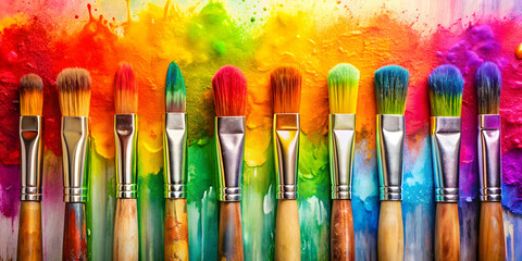 Rows of vibrant watercolor paintbrushes on background, watercolor, vibrant, paintbrushes, art supplies, vivid