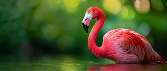 Obraz premium A tight shot of a pink flamingo by a body of water Surrounding background of trees and bushes softly blurred