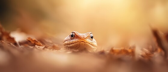 Fototapeta premium A tight shot of a lizard's expressive face amidst a sea of dry grass Foreground dotted with scattered leaves