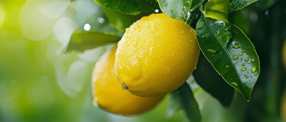  A tight shot of a ripe lemon hanging from a tree, adorned with water droplets on its glossy leaves and yielding small beads of moisture on its surface