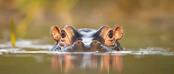  A tight shot of a hippo's head emerging from a water body