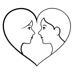 a black silhouette of a couple in a heart shape. The couple is facing each other and their faces are close together vector silhouette