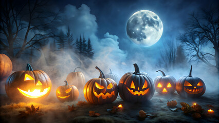 Dark and spooky Halloween night with misty fog, glowing pumpkins, eerie shadows, and full moon , Halloween, spooky, dark