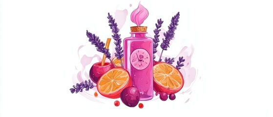  A depiction of a white background featuring a bottle filled with liquid, encircled by orange slices and lavender sprigs
